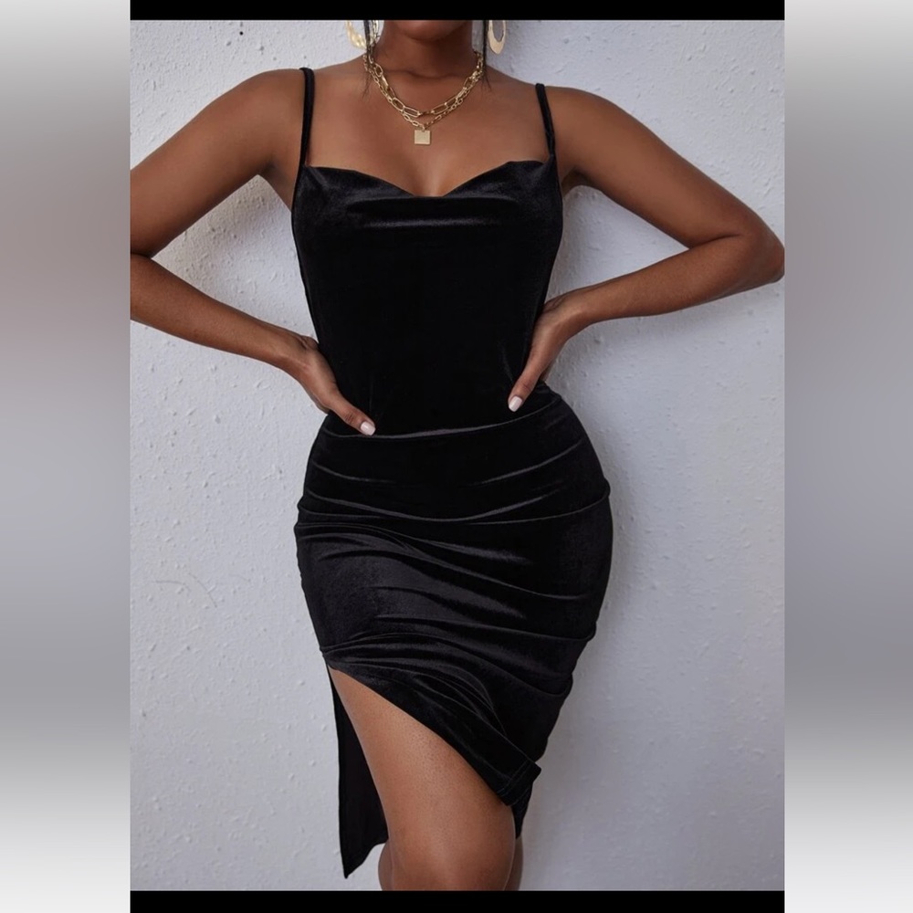 SHEIN Sexy Draped Collar Slit Thigh Velvet Bodycon Dress Size 8/10
